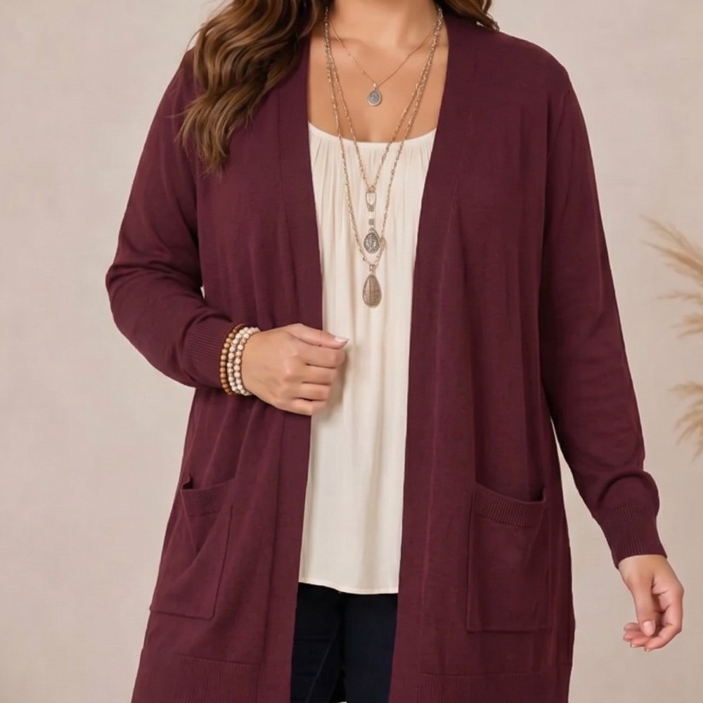 Matty M Burgundy Open Front Cardigan Sweater XL Long Sleeve Pockets Office
